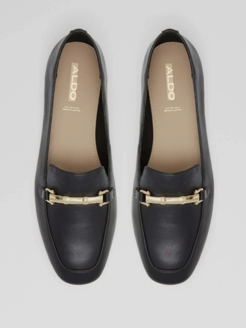 LNIB ALDO Boska Black Leather Loafers with Gold Bit Detail